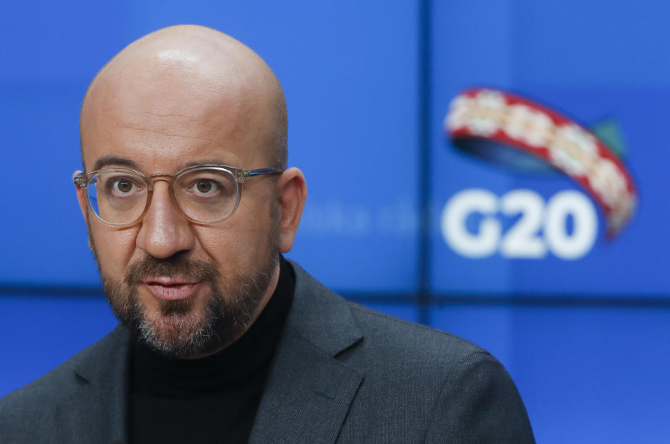 European Council President Charles Michel speaks during a press briefing ahead to a G20 online meeting in Brussels, Friday Nov. 20, 2020. (Olivier Hoslet, Pool Photo via AP)