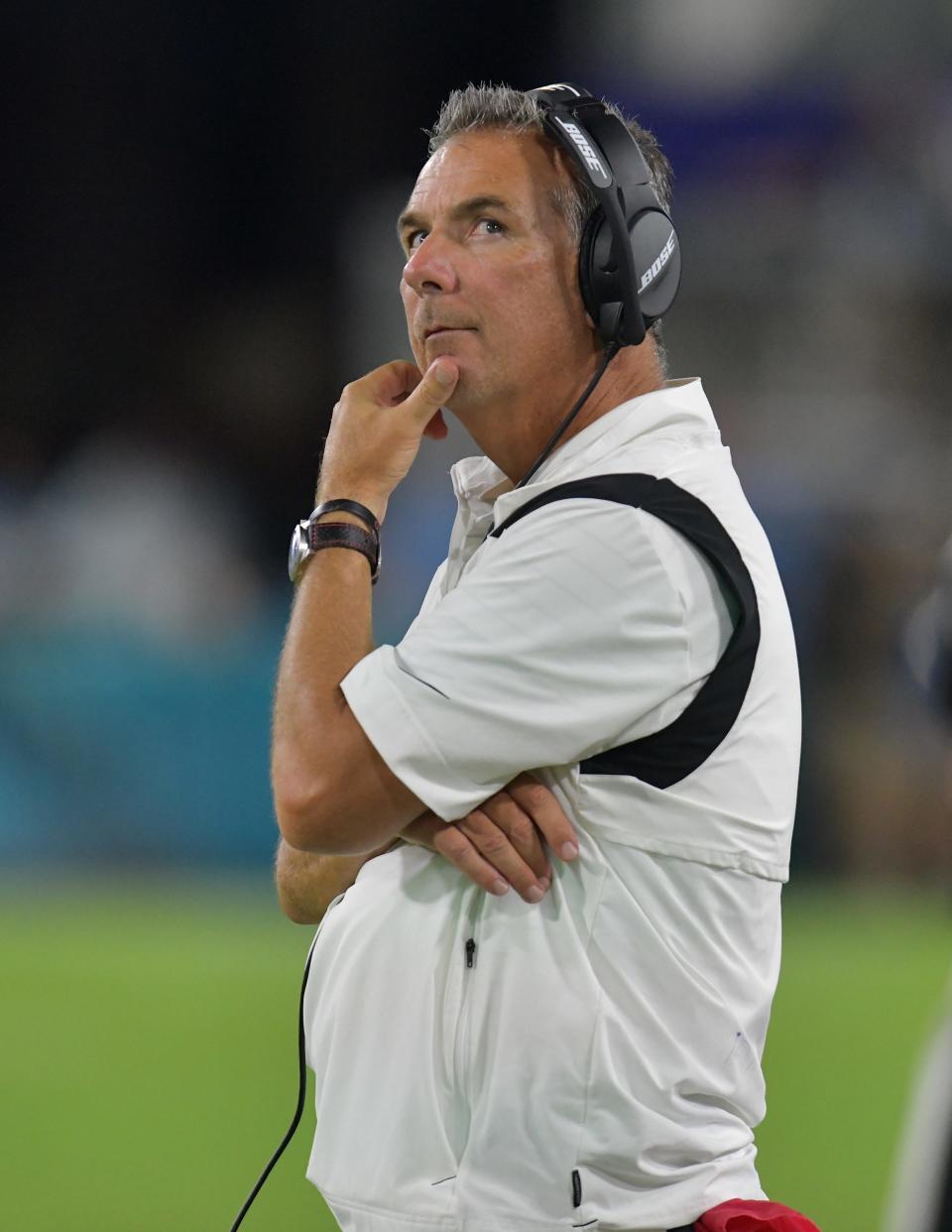 Urban Meyer looks at the scoreboard during a preseason game against Cleveland. After just a 336-day tenure in his first NFL job as the Jaguars' head coach, Meyer faces an uncertain future as to where or when he might resurface in the profession.