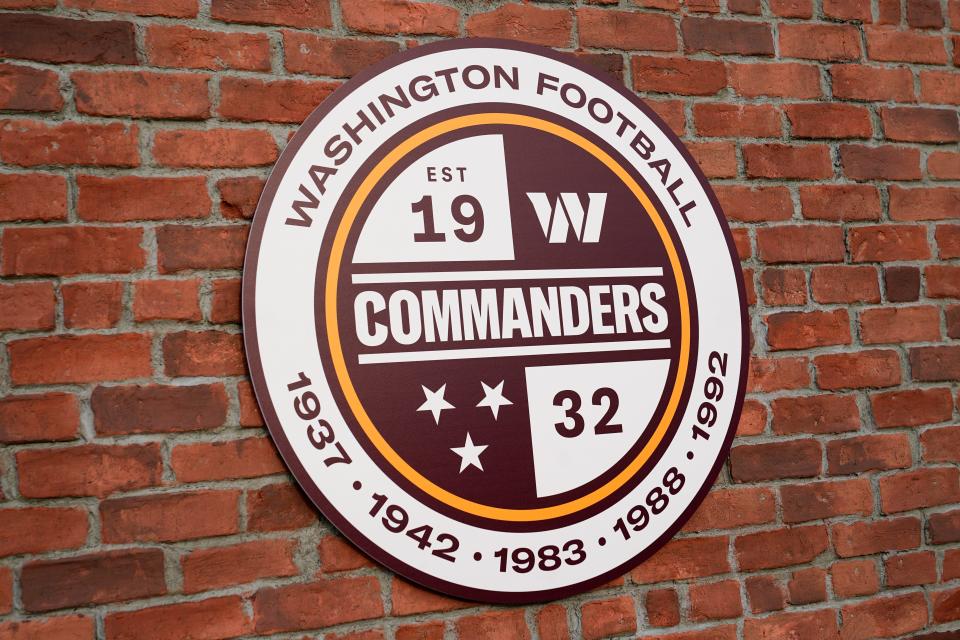 A Washington Commanders logo is displayed at an event to unveil the NFL football team's new identity, Wednesday, Feb. 2, 2022, in Landover, Md.