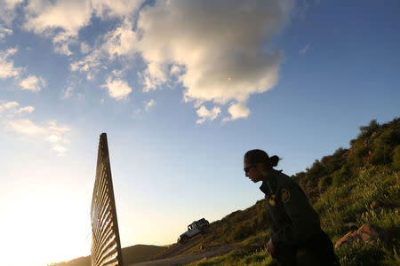An officer of the U.S. border patrol inspects the area where the border fence separating Mexico and the United States is interrupted, on the outskirts of Tijuana, Mexico. REUTERS/Edgard Garrido