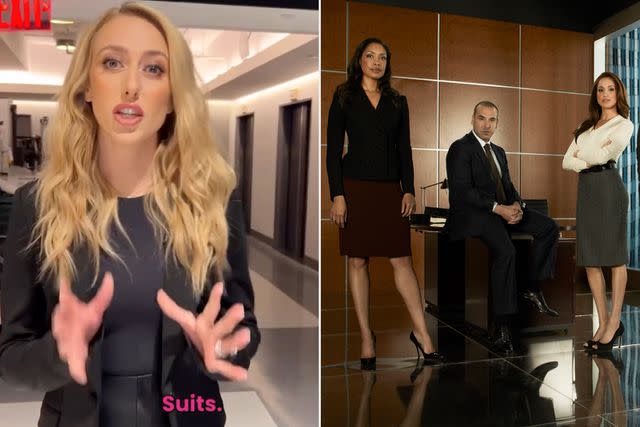 <p>Brittany Mahomes/Instagram; Frank Ockenfels/USA/NBCU Photo Bank/NBCUniversal via Getty </p> [L] Brittany Mahomes appears in a behind-the-scenes video for The Kelly Clarkson Show [R] Gina Torres as Jessica Pearson, Rick Hoffmann as Louis Litt and Meghan Markle as Rachel Zane in 'Suits'