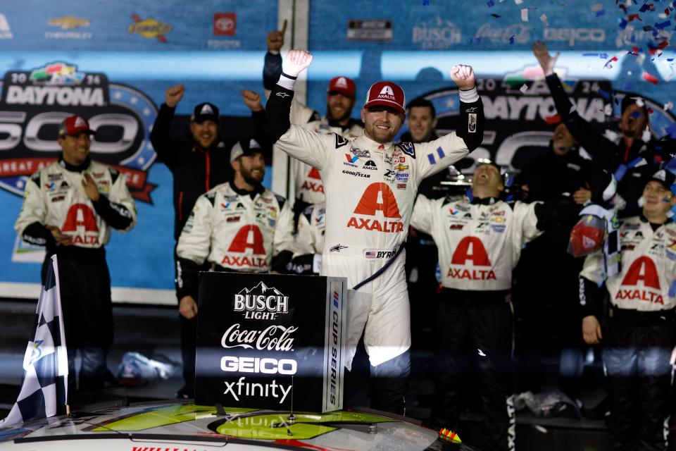 William Byron reacts in victory lane after winning the Daytona 500.