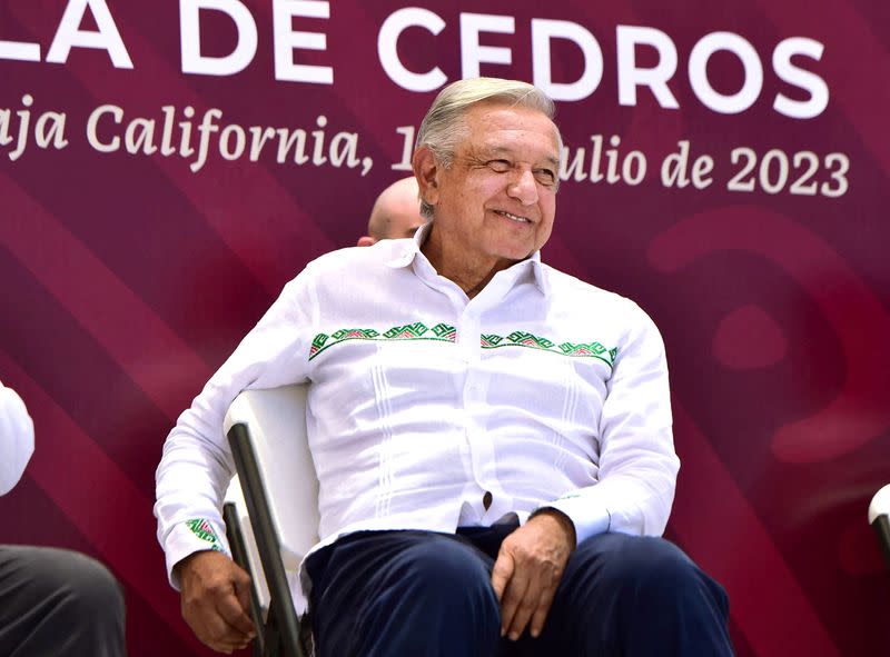Mexico's President Andres Manuel Lopez Obrador looks on during the presentation of the "Plan Integral del Bienestar" welfare program, at Isla de Cedros in Mulege