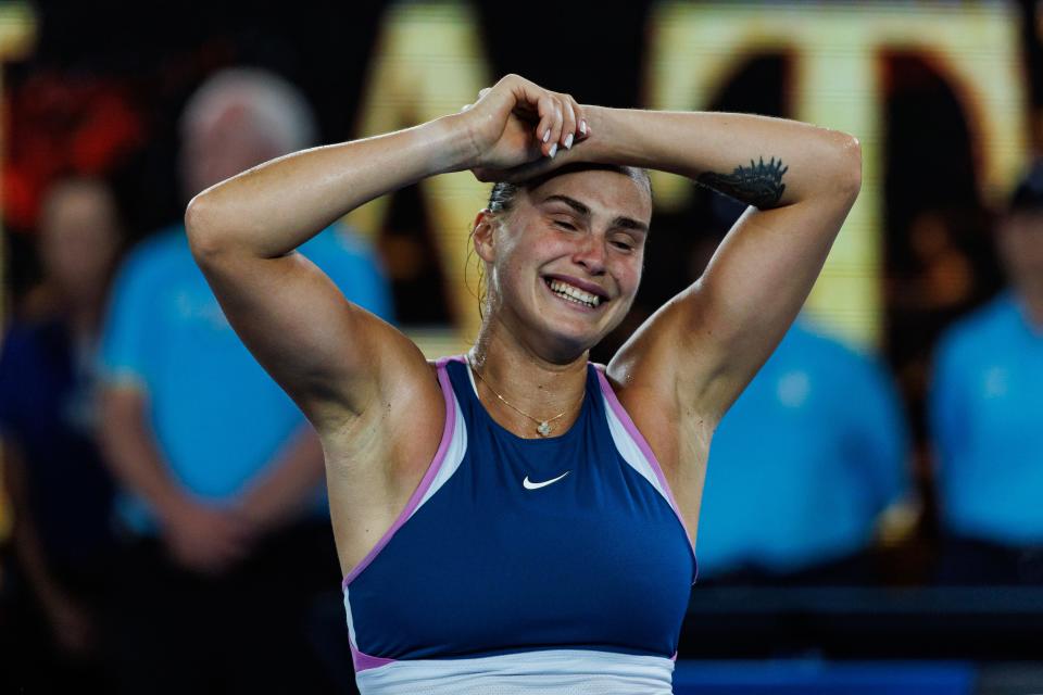 Aryna Sabalenka of Belarus celebrates after her victory over Elena Ribakina of Kazakhstan in the women’s singles final at the 2023 Australian Open at Melbourne Park.