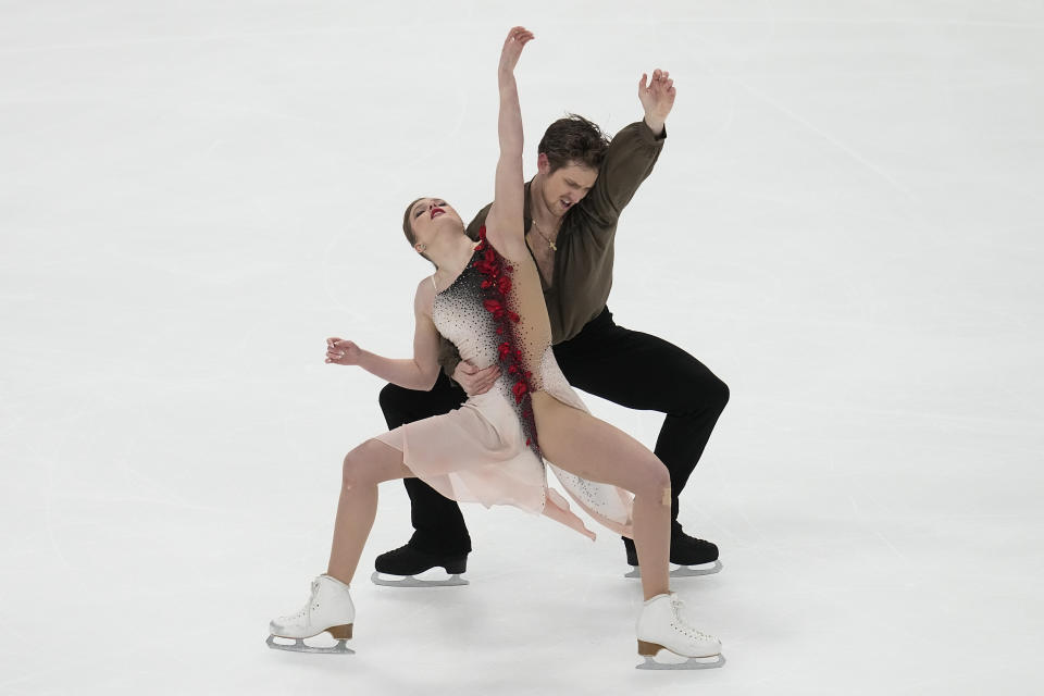 Christina Carreira and Anthony Ponomarenko compete in championship ice dance at the U.S. figure skating championships Saturday, Jan. 27, 2024, in Columbus, Ohio. (AP Photo/Sue Ogrocki)