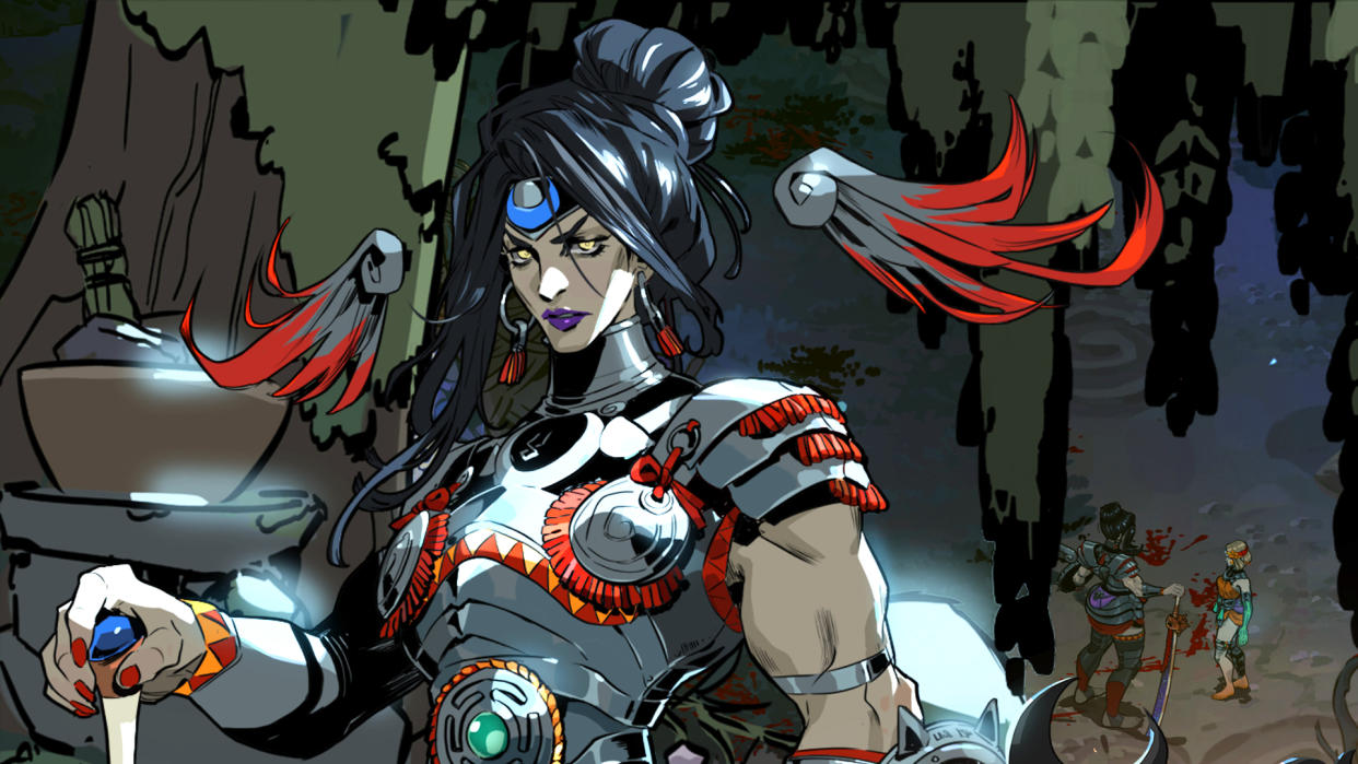  Hades 2 character Nemesis with dark background. 