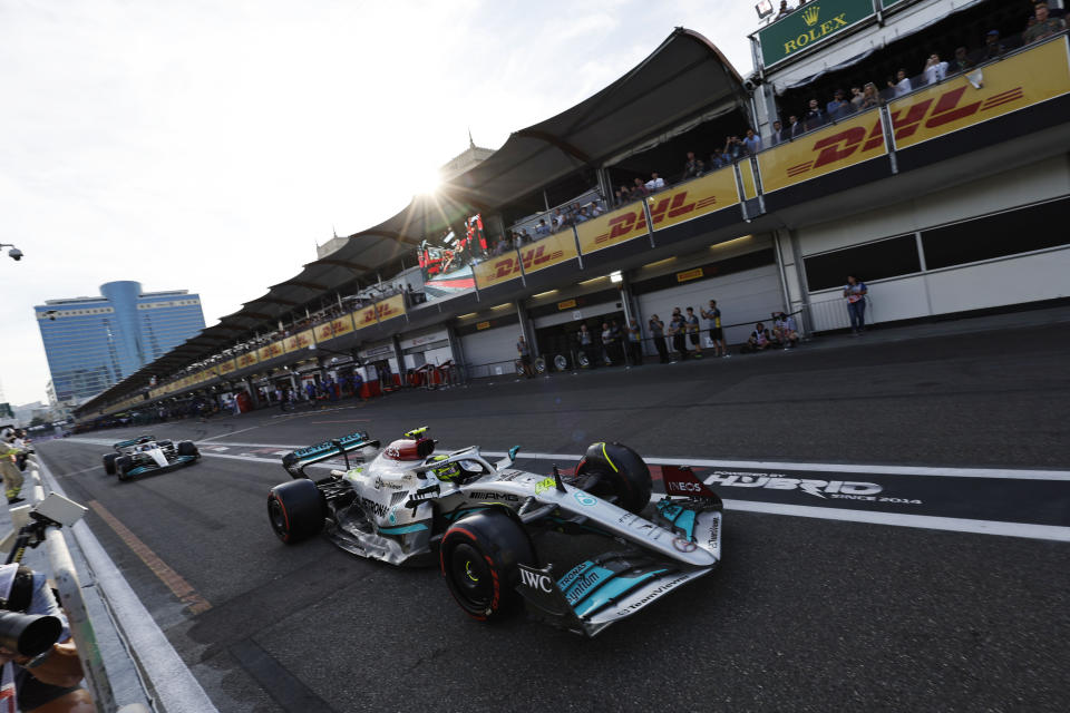 Mercedes driver Lewis Hamilton of Britain steers his car during the qualifying session at the Baku circuit, in Baku, Azerbaijan, Saturday, June 11, 2022. The Formula One Grand Prix will be held on Sunday. (Hamad Mohammed, Pool Via AP)