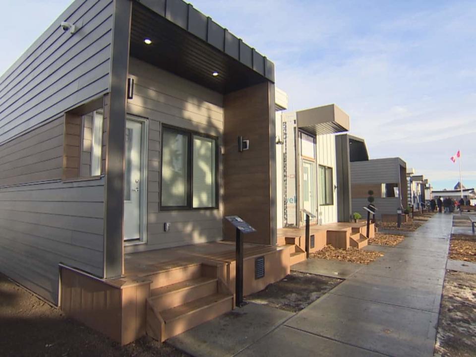 Tiny homes built for homeless veterans in the northeast Edmonton neighbourhood of Evansdale will open Dec. 1. (Chris Martin/CBC - image credit)