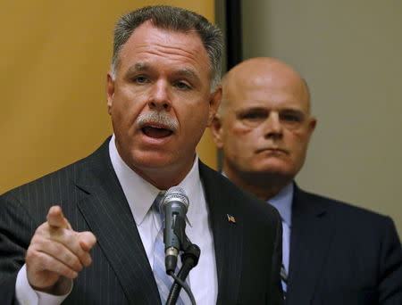 Chicago Police Superintendent Garry McCarthy (L) speaks at a news conference with Baltimore County Police Chief Jim Johnson at the International Association of Chiefs of Police conference in Chicago, Illinois, in this October 26, 2015 file photo. REUTERS/Jim Young/Files