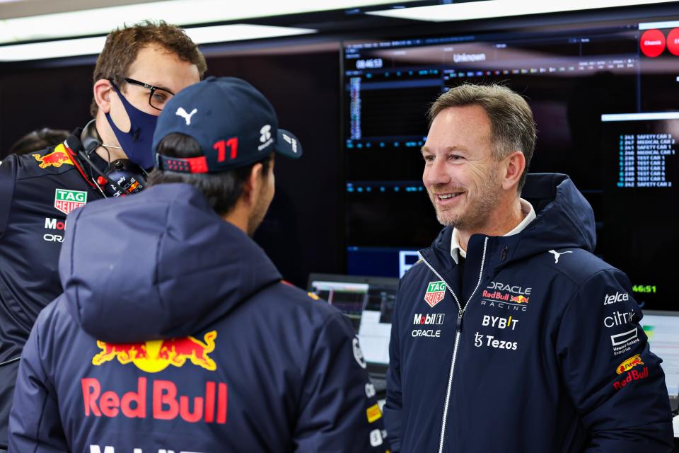 Christian Horner and Sergio Perez have been discussing the stoppage. (Getty Images)