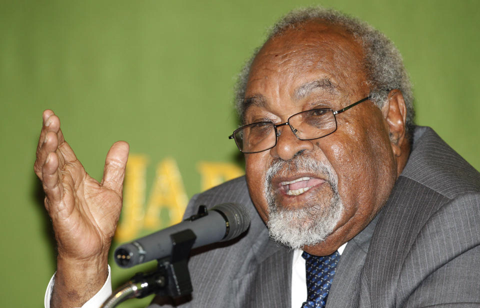 Then Papua New Guinea's Prime Minister Michael Somare speaks during a press conference at the Japan National Press Club in Tokyo, Japan, Tuesday, March 30, 2010. Somare, a pivotal figure in Papua New Guinea’s independence and the South Pacific island nation's first prime minister, has died. He was 84. He died Friday, Feb. 26, 2021, after being diagnosed with a late-stage pancreatic cancer and admitted to a hospital on Feb. 19, his daughter Betha Somare said. (AP Photo/Shizuo Kambayashi)