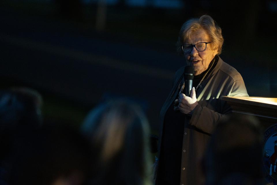 Oct 4, 2023; Paramus, NJ, USA; Former NJ State Sen. Loretta Weinberg speaks during Light Up the Night Against Domestic Violence at Van Saun Park.