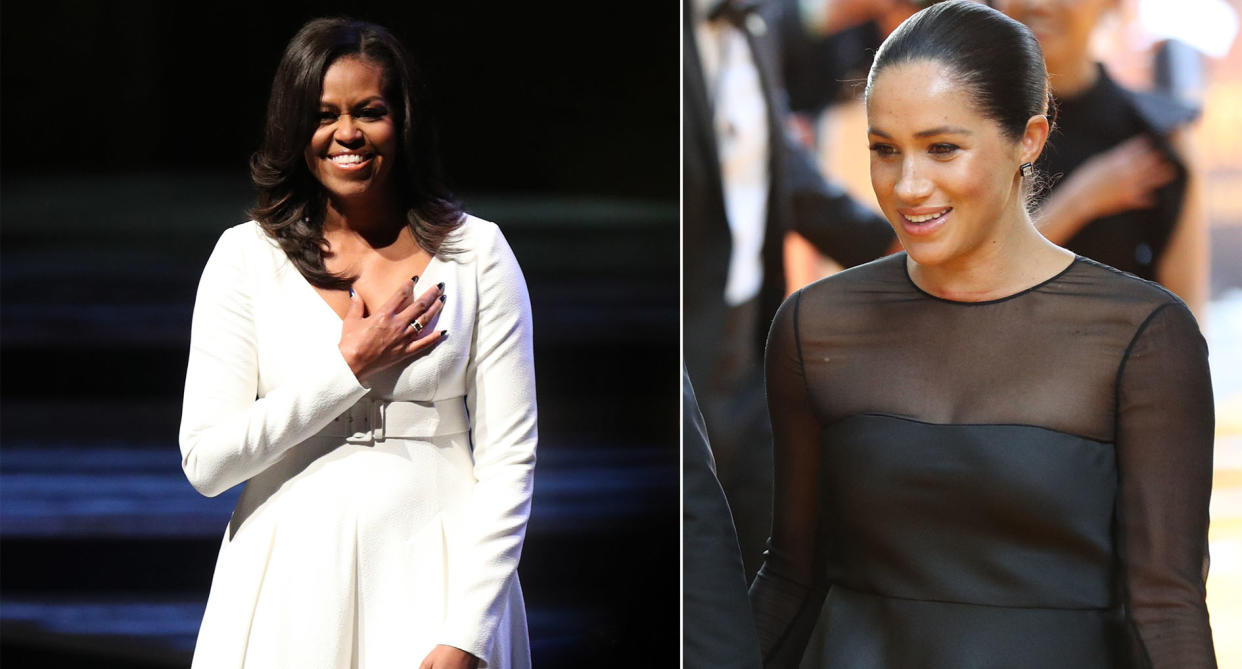 Michelle Obama in London during her book tour and Meghan at the Lion King premiere. [Photos: PA]