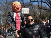 <p>Protesters march near Central Park West in New York City during a “Not My President’s Day” rally on Feb. 20, 2017, as part of a protest against President Trump. (Timothy A. Clary/AFP/Getty Images) </p>