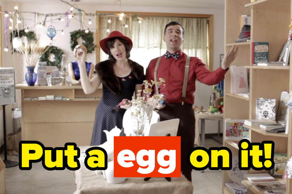 carrie and fred from portlandia saying put an egg on it instead of put a bird on it