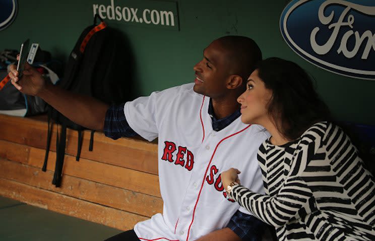 Celtics big man Al Horford and his wife Amelia take a selfie prior to a Red Sox game this summer. (Getty Images)