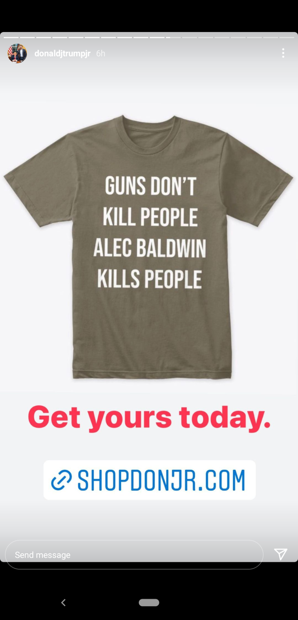 Donald Trump Jr is selling t-shirts with the words “Guns don’t kill people, Alec Baldwin kills people” (Instagram/ Donald Trump Jr)