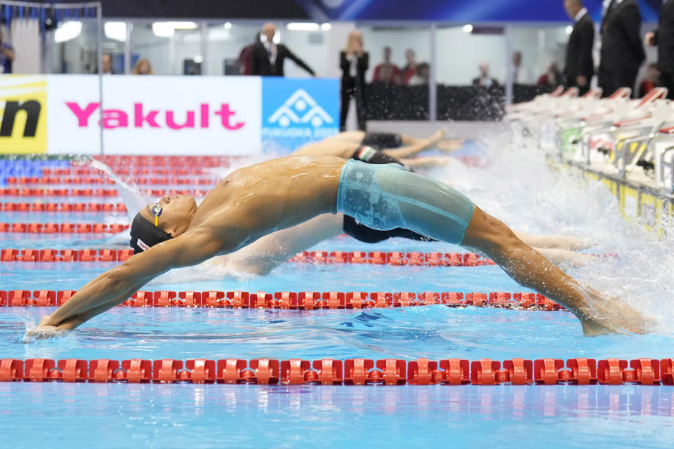 Hugo Gonzalez of Spain competes during the men's 200m backstroke final at the World Swimming Championships in Fukuoka, Japan, Friday, July 28, 2023. (AP Photo/Eugene Hoshiko)