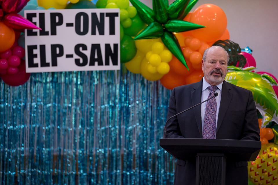 El Paso Mayor Oscar Leeser speaks as the City of El Paso and the El Paso International Airport celebrate the inaugural flights of two new nonstops provided by Frontier Airlines to Ontario, Calif., and San Diego on Thursday, May 16, 2024, at the El Paso International Airport terminal.