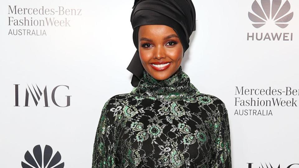 Model Halima Aden at Mercedes Benz Fashion Week Australia. 