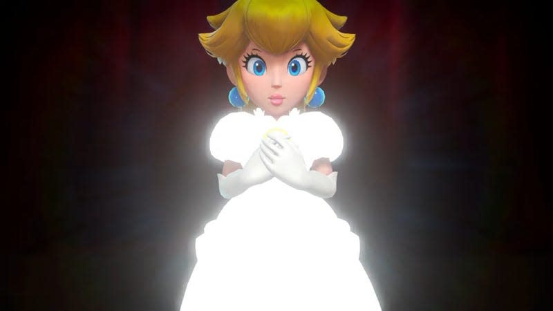 Princess Peach clutches her hands to her chest.