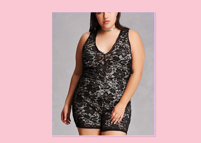 <p>Plus-Size Lace Romper, $48, <a rel="nofollow noopener" href="http://www.forever21.com/Product/Product.aspx?BR=plus&Category=plus_size-rompers-jumpsuits&ProductID=2000133887&VariantID=012" target="_blank" data-ylk="slk:Forever 21;elm:context_link;itc:0;sec:content-canvas" class="link ">Forever 21 </a> </p>