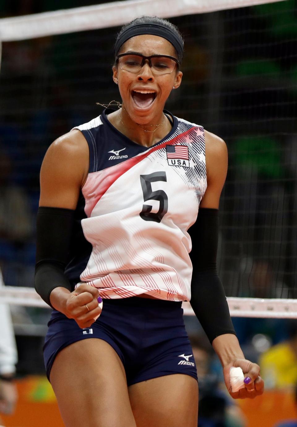 United States' Rachael Adams celebrates during a women's preliminary volleyball match against Puerto Rico at the 2016 Summer Olympics in Rio de Janeiro, Brazil, Saturday, Aug. 6, 2016.