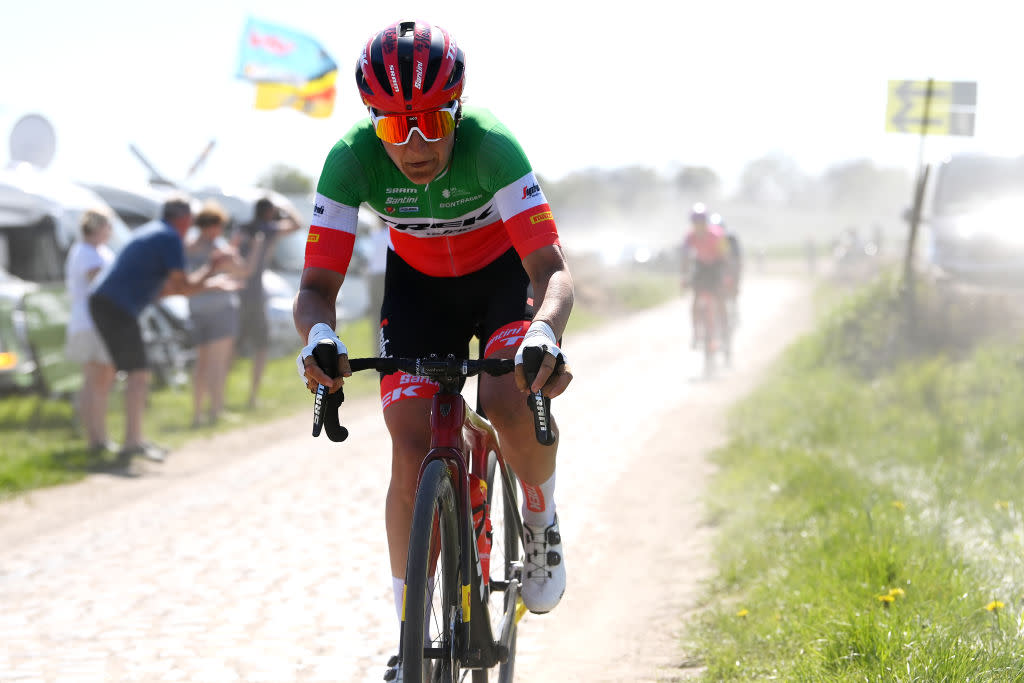  Elisa Longo Borghini (Trek-Segafredo)  taking off on the cobbles of Paris-Roubaix in 2023 