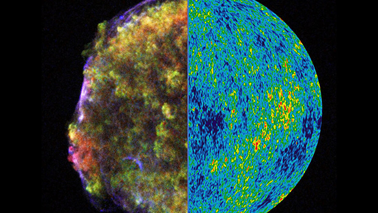  The expansion of the universe represented by the two leading methods: the expanding shell of supernova and the cosmic microwave background. 