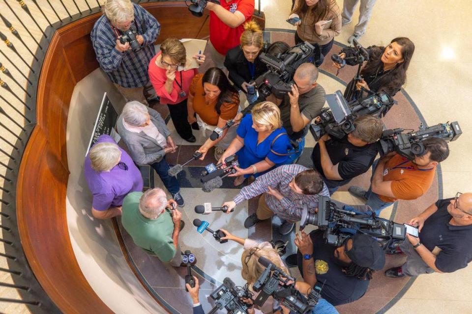 Family of Crystal Rogers speak to members of the media following the arraignment for Brooks Houck at the Nelson County Courthouse in Bardstown, Ky., on Thursday, Oct. 5, 2023. Houck has been charged in the murder of Crystal Rogers. Ryan C. Hermens/rhermens@herald-leader.com