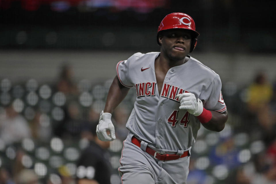 Cincinnati Reds' Aristides Aquino runs the bases after hitting a two-run home run during the ninth inning of a baseball game against the Milwaukee Brewers, Monday, June 14, 2021, in Milwaukee. (AP Photo/Aaron Gash)
