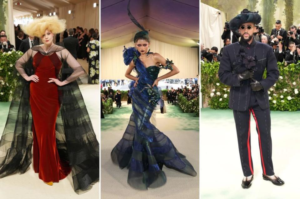 From left: Gwendoline Christie, Zendaya and Bad Bunny attend the 2024 Met Gala in bespoke Maison Margiela by John Galliano. Images: Getty