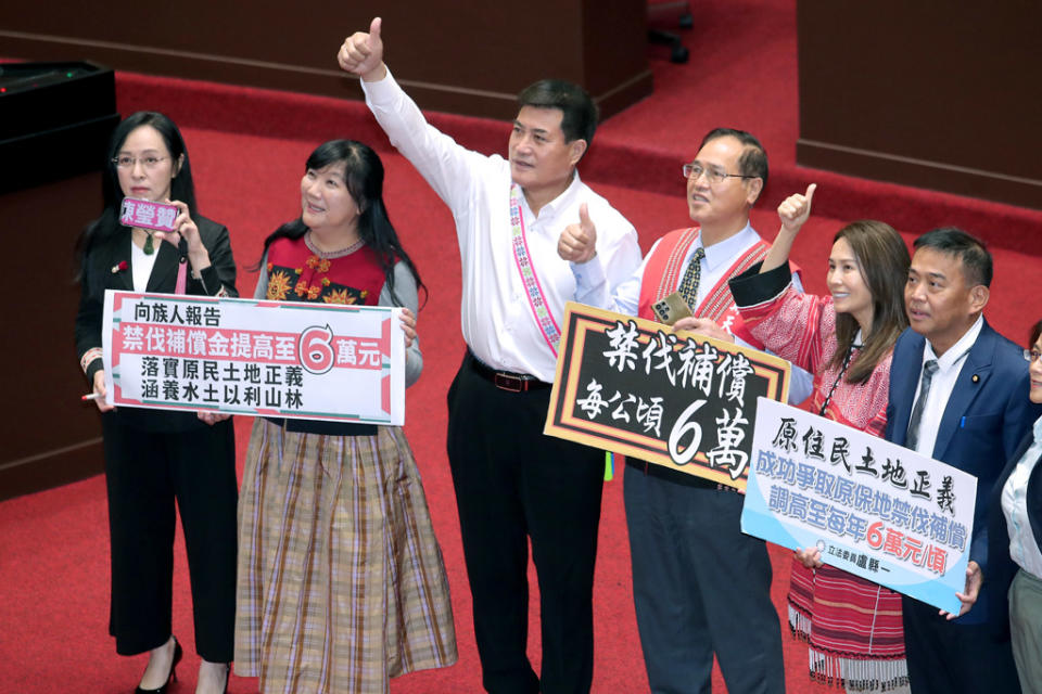 立法院院會4日三讀通過《原住民保留地禁伐補償條例》第6條條文修正草案，每公頃補償費用從原本的3萬元調漲為6萬元，民進黨原住民立委陳瑩（左起）、伍麗華與民進黨團的反對立場相左，表決後和國民黨立委黃仁、鄭天財、無黨籍立委高金素梅、國民黨立委盧縣一等原住民立委們一同舉牌合影。（黃世麒攝）