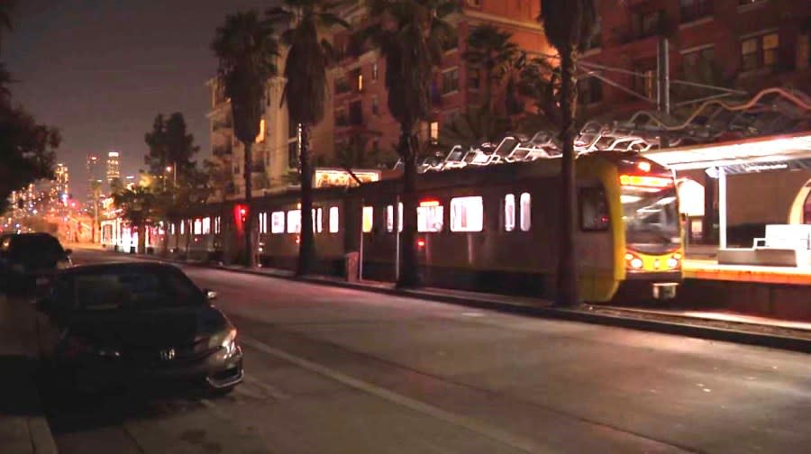 A man was killed after being stabbed on an E-Line Metro train in South Los Angeles on Dec. 12, 2023. (KTLA)