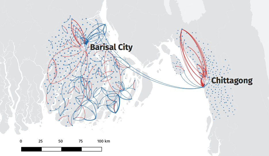 <div class="inline-image__caption"><p>Mobile network data from 2013 shows how people in Bangladesh were migrating to safer spots as Cyclone Mahasen made landfall near Barisal City. Data like this could help us better understand how to plan for future disaster mitigation efforts during severe storms.</p></div> <div class="inline-image__credit">Climate and Migration Coalition </div>