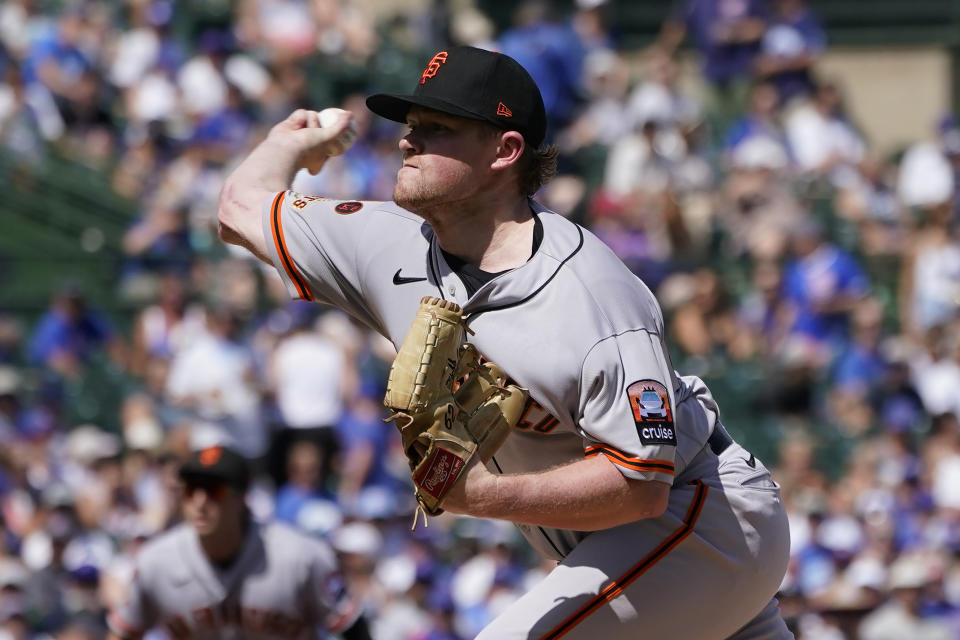 San Francisco Giants starting pitcher Logan Webb delivers during the first inning of a baseball game against the Chicago Cubs Monday, Sept. 4, 2023, in Chicago. (AP Photo/Charles Rex Arbogast)
