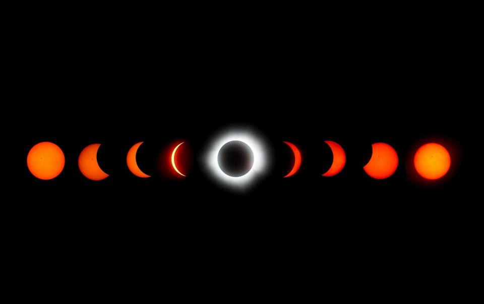 These nine interval timer photos show the full evolution of the eclipse as it appeared in Mexico