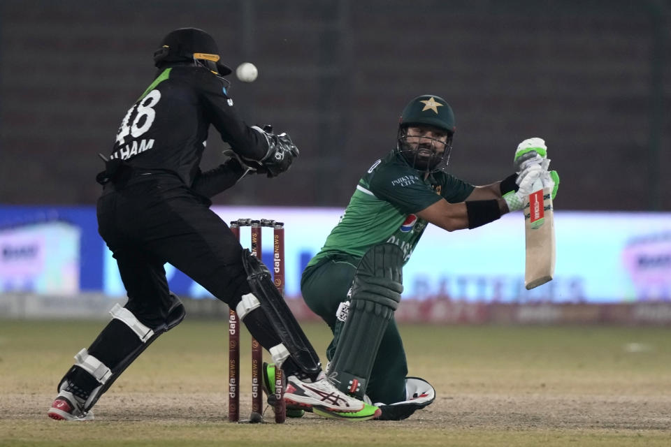 Pakistan's Mohammad Rizwan plays a shot during the first one-day international cricket match between Pakistan and New Zealand, in Karachi, Pakistan, Monday, Jan. 9, 2023. (AP Photo/Fareed Khan)