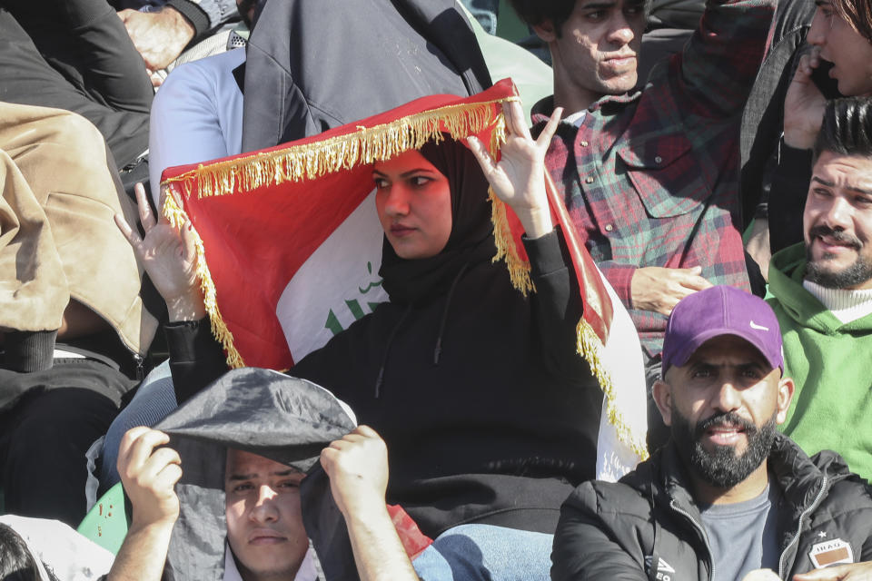 Iraqis fans wait inside the stadium before the Arabian Gulf Cup football final between Iraq and Oman at the Basra International Stadium in Basra, Iraq, Thursday, Jan 19, 2023. (AP Photo/Nabil al-Jurani)