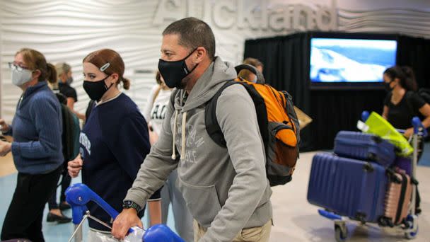 PHOTO: People arrive at Auckland International Airport in New Zealand, May 2, 2022. New Zealand's borders have opened to visitors from 60 visa waiver countries for the first time since closing its international borders in March 2020 over COVID-19.  (Xinhua News Agency via Getty Images, FILE)