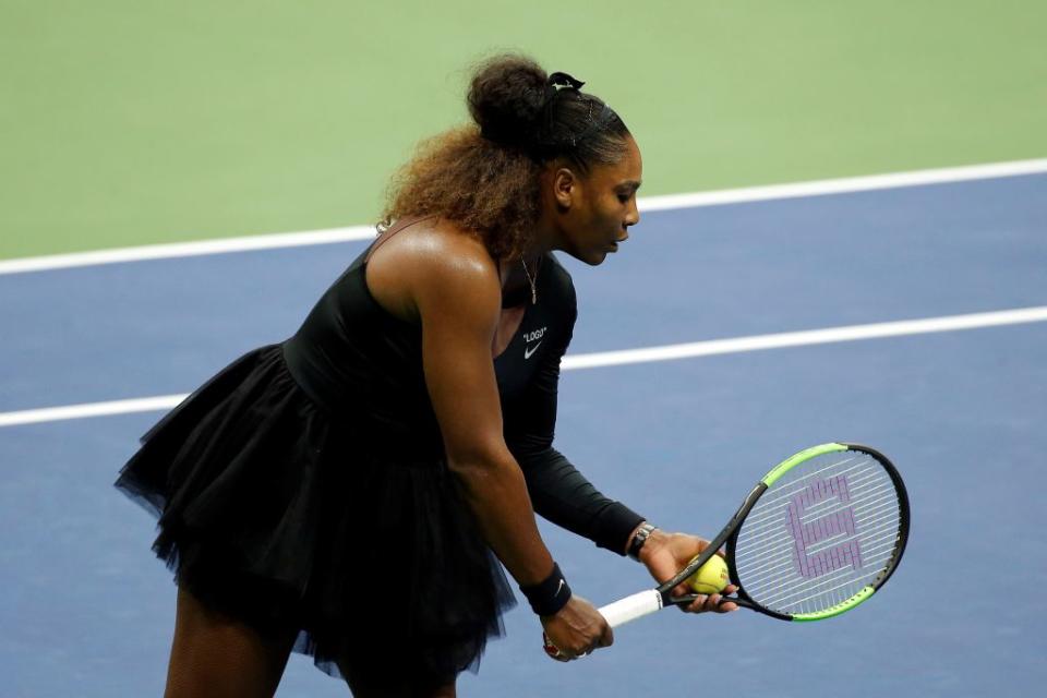 Serena Williams of USA competes against Naomi Osaka (not seen) of Japan during US Open 2018 women's final match on September 8, 2018 in New York, United States. | Mohammed Elshamy—Anadolu Agency/Getty Images