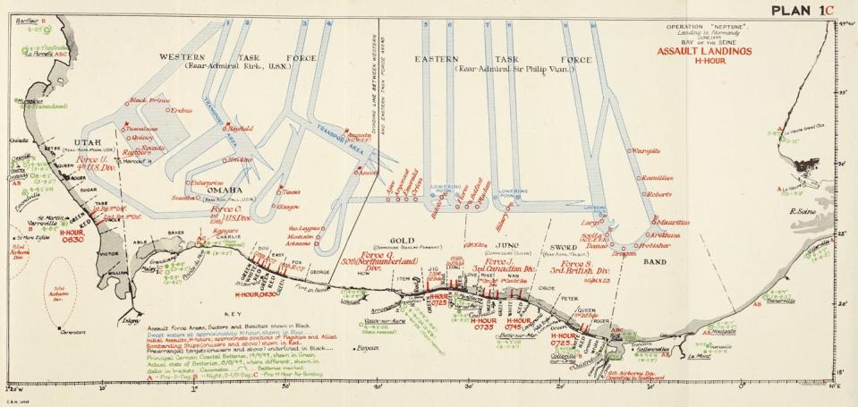 A map of the plans for D-Day landings shows the 16th Regiment’s assignment on the eastern side of Omaha Beach, in Normandy, France. <a href="https://www.flickr.com/photos/archivesnz/42410920432" rel="nofollow noopener" target="_blank" data-ylk="slk:Archives New Zealand via Flickr;elm:context_link;itc:0;sec:content-canvas" class="link ">Archives New Zealand via Flickr</a>, <a href="http://creativecommons.org/licenses/by/4.0/" rel="nofollow noopener" target="_blank" data-ylk="slk:CC BY;elm:context_link;itc:0;sec:content-canvas" class="link ">CC BY</a>