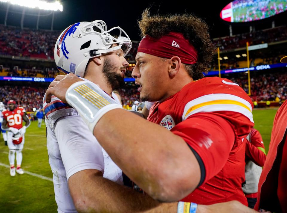 Buffalo Bills quarterback Josh Allen (17) greets Kansas City Chiefs quarterback Patrick Mahomes (17) after a game at GEHA Field at Arrowhead Stadium.