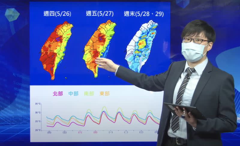 ▲氣象局預報員官欣平提醒，今天午後開始到明天，將是這波鋒面最後一波降雨高峰，請西半部地區民眾留意。（圖／翻攝中央氣象局直播記者會）