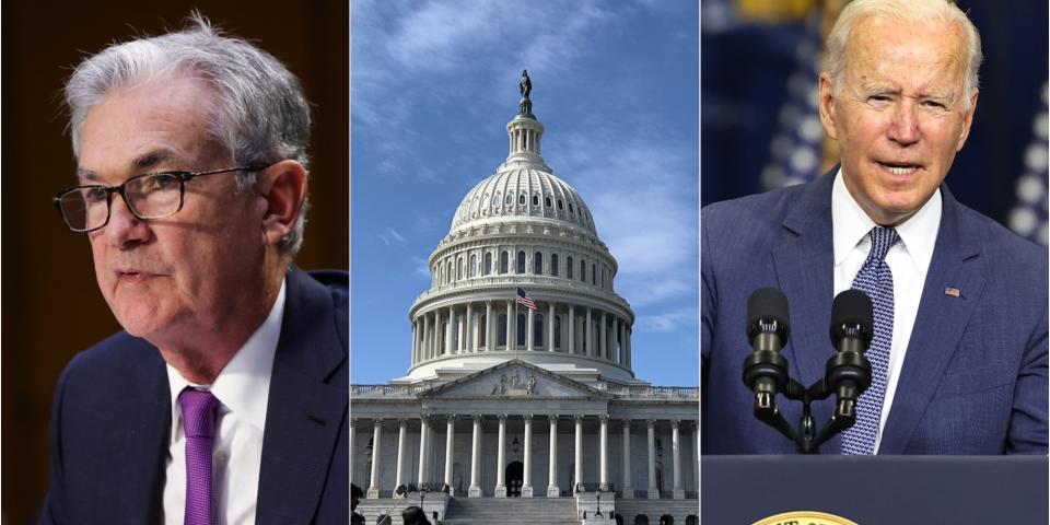 Jerome Powell, the US Capitol Building and Joe Biden.