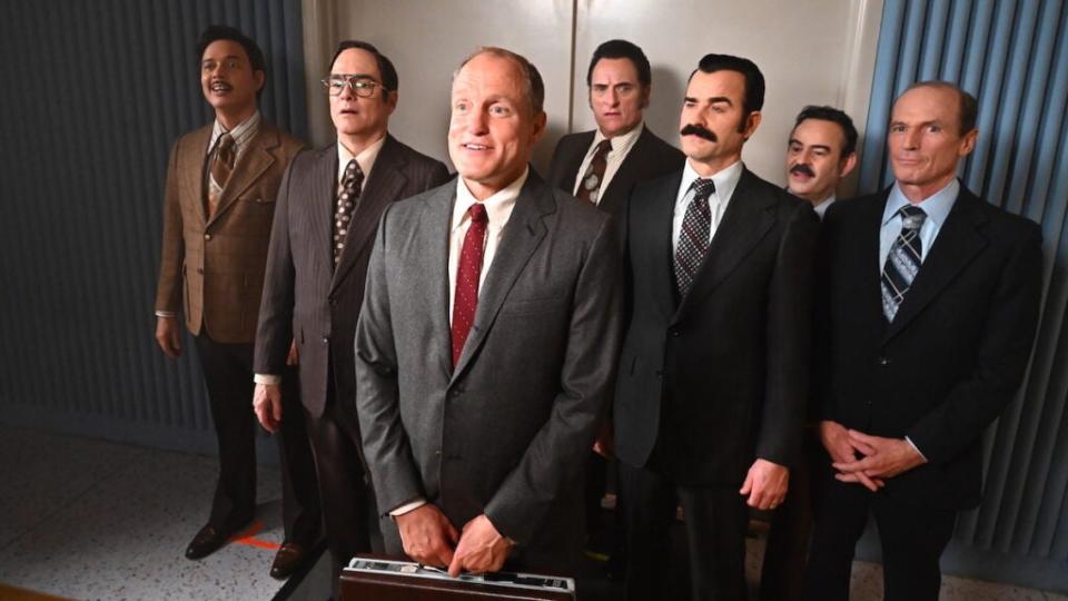 Alexis Valdes, Yul Vazquez, Woody Harrelson, Kim Coates, Justin Theroux, Nelson Ascensio and Toby Huss in a still from “White House Plumbers.”