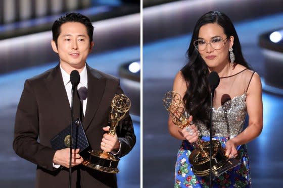 Steven Yeun accepts the Outstanding Lead Actor in a Limited or Anthology Series or Movie award for “Beef”; Ali Wong accepts the Outstanding Lead Actress in a Limited or Anthology Series or Movie award for "Beef" at the 75th Primetime Emmy Awards on Jan. 15, 2024.<span class="copyright">Christopher Polk—Variety/Getty Images (2)</span>