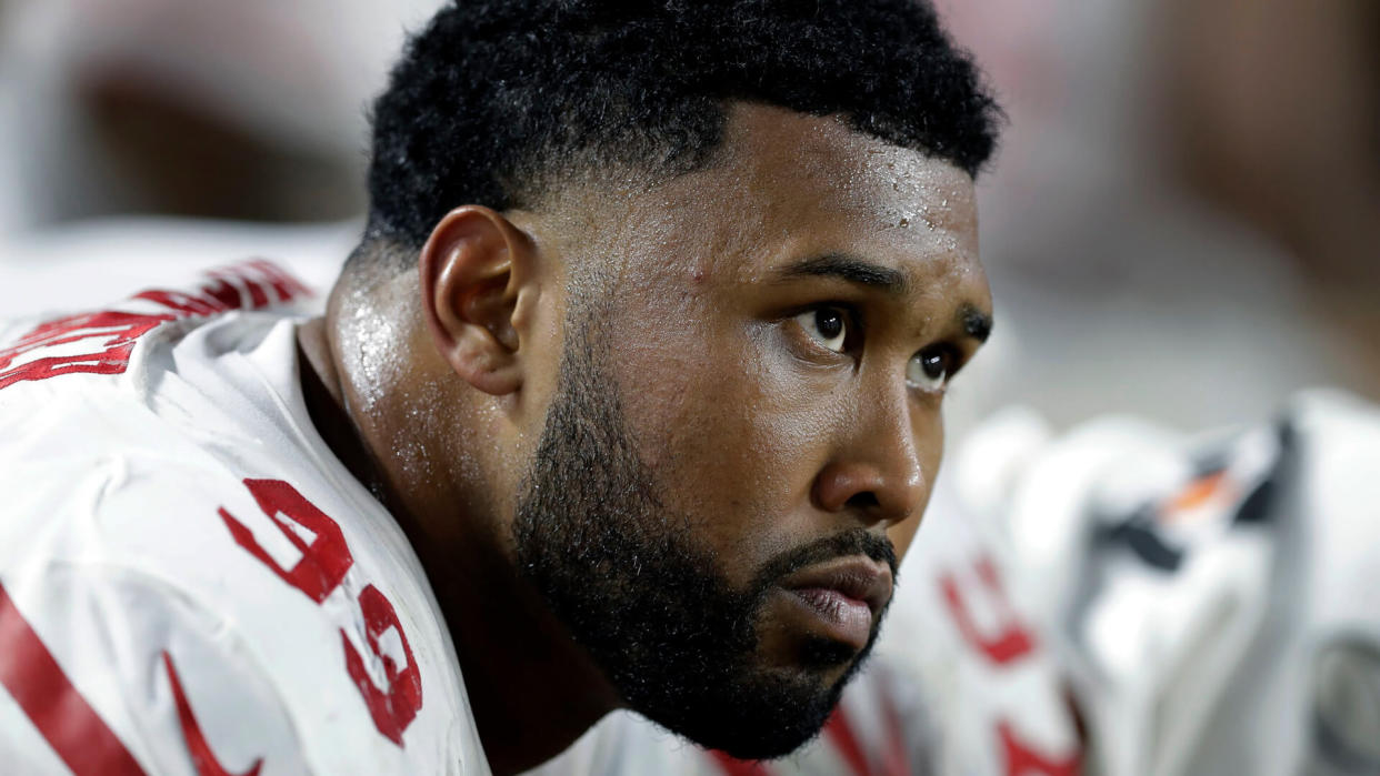 Mandatory Credit: Photo by Chris O'Meara/AP/Shutterstock (10546401le)San Francisco 49ers' DeForest Buckner sits on the bench during the second half of the NFL Super Bowl 54 football game against the Kansas City Chiefs, in Miami Gardens, Fla49ers Chiefs Super Bowl Football, Miami Gardens, USA - 02 Feb 2020.