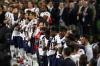 <p>Both teams line up before Super Bowl LII at U.S. Bank Stadium on February 4, 2018 in Minneapolis, Minnesota. </p>