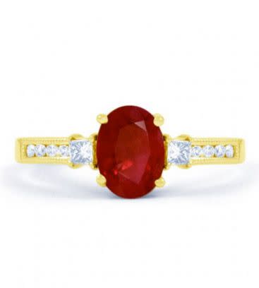 <p>Arya ruby and diamond engagement ring, £3,599, <a href="http://www.diamond-boutique.co.uk/arya-ruby-and-diamond-engagement-ring-in-18k-gold-milgrain-shank-html" rel="nofollow noopener" target="_blank" data-ylk="slk:Diamond Boutique;elm:context_link;itc:0;sec:content-canvas" class="link ">Diamond Boutique</a></p>